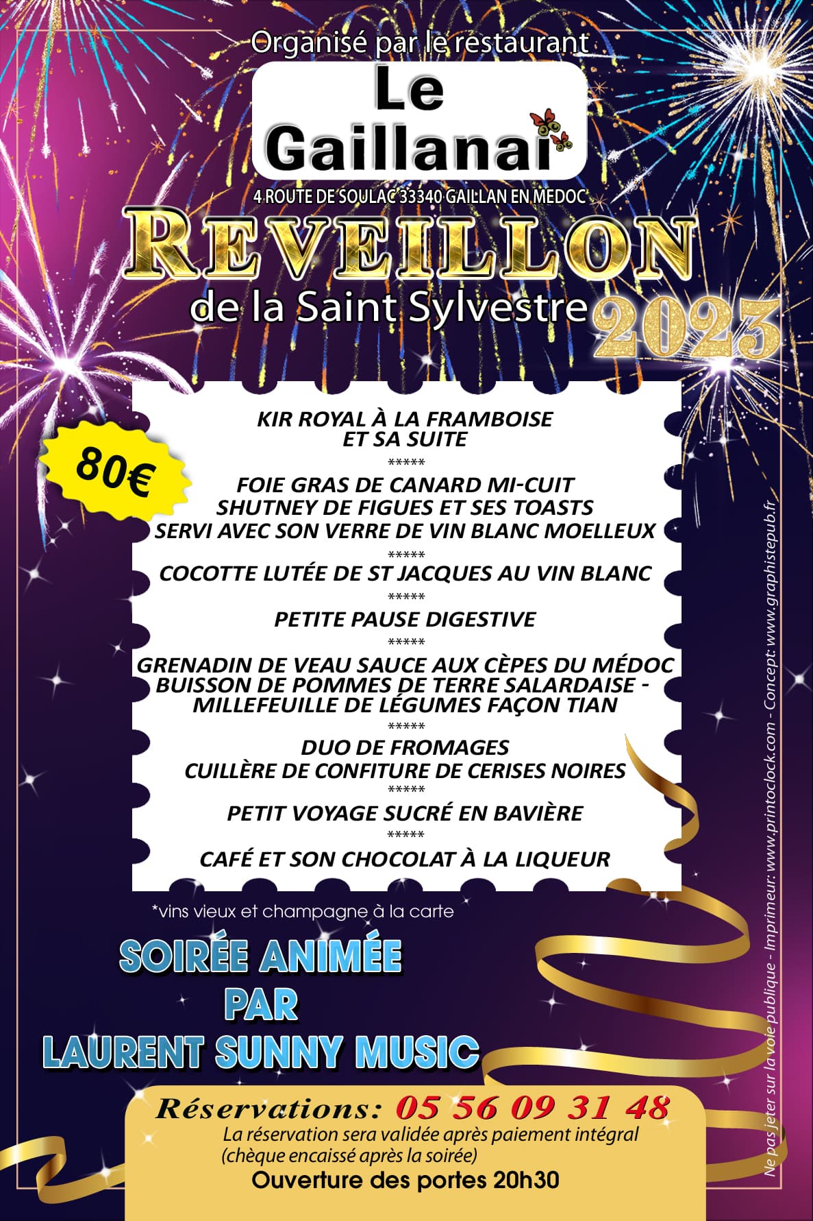 Le Gaillanai -  Réveillon de la Saint Sylvestre 2023. Soirée animé par Laurent Sunny Music. Flyer de présentation du menu.