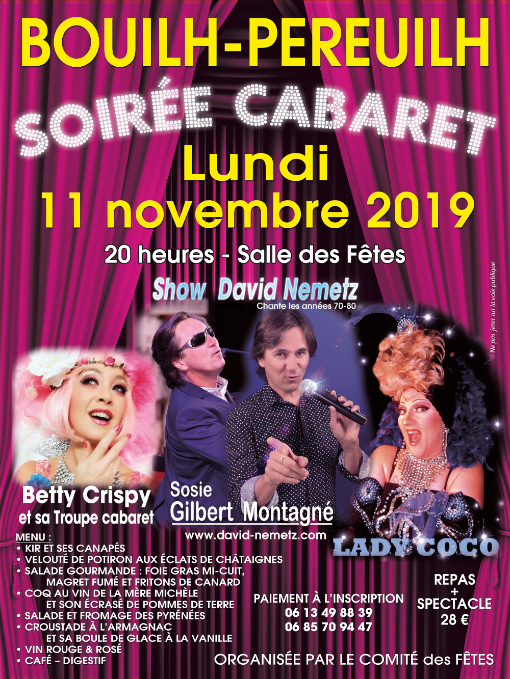 Soirée Cabaret Betty Cripy et sa troupe cabaret, Show David Nemetz sosie Gilbert Montagné, Lady coco